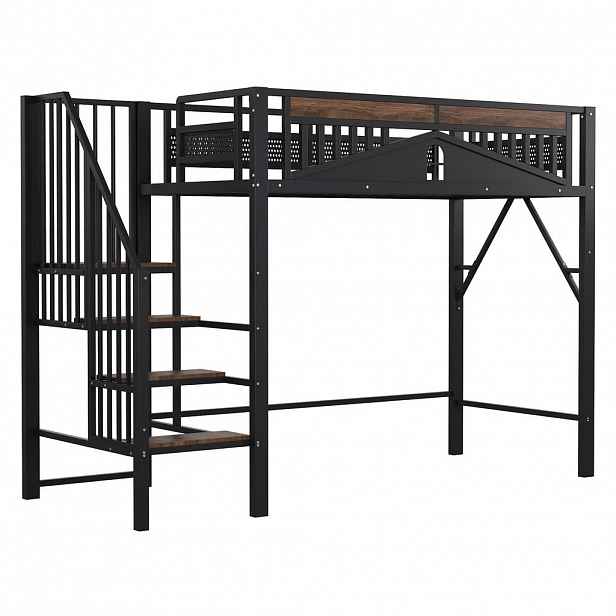 CHICFURN VYSOKÁ POSTEL 90/200 cm v černé barvě s úložným žebříkem a designem okna