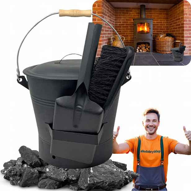 Kovový kbelík na popel s víkem, lopatka, smetáček do krbu