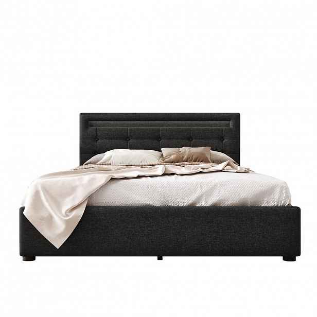 OKWISH ČALOUNĚNÁ postel 140/200 cm černá z lnu s LED osvětlením a 4 zásuvkami