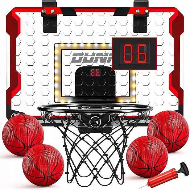 Mini Basketbalový Koš Na Dveře S Tabulí, Led Počítadlem Bodů 4 Míčky