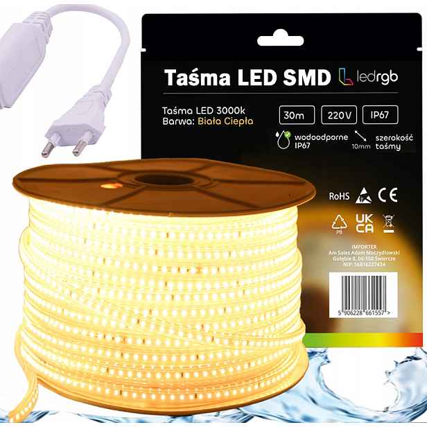 Set Led pásek Smd 220V 230V 30m 3000K Bílá Teplá Napájecí Zdroj IP67 120/m