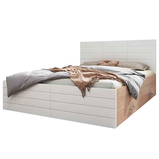 STILVORA POSTELOVÁ SESTAVA 140 × 200 cm, bílá a dubová, 2 zásuvky, úložný prostor, masivní dřevo a MDF