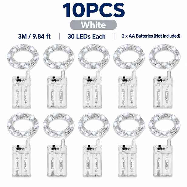 TEMU 10ks LED pohádková řetězová světla, 30 LED na baterie, ohebný stříbrný drát, dekorativní světla, teplá žlutá/bílá/barevná/fialová volba pro Bobo