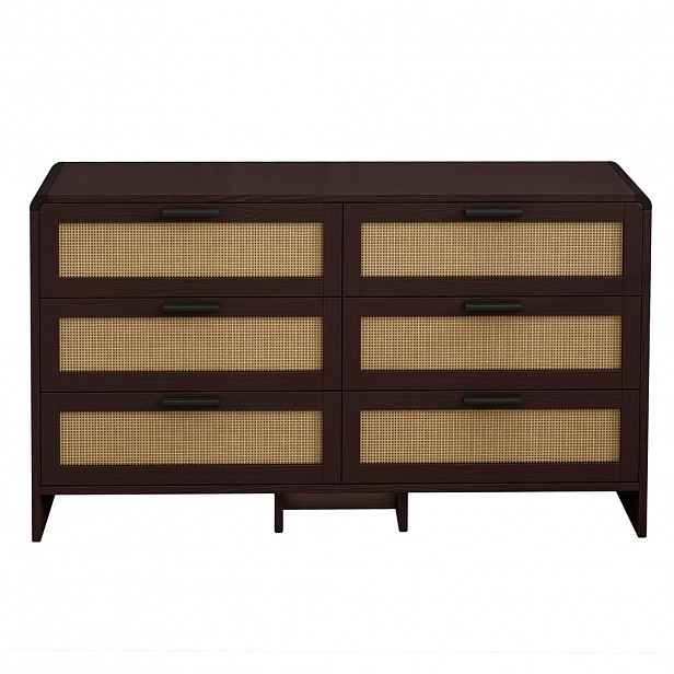 Urban Meuble SIDEBOARD dřevotříska v červenohnědé s ratanovým výpletem, zaoblené rohy a 6 zásuvek