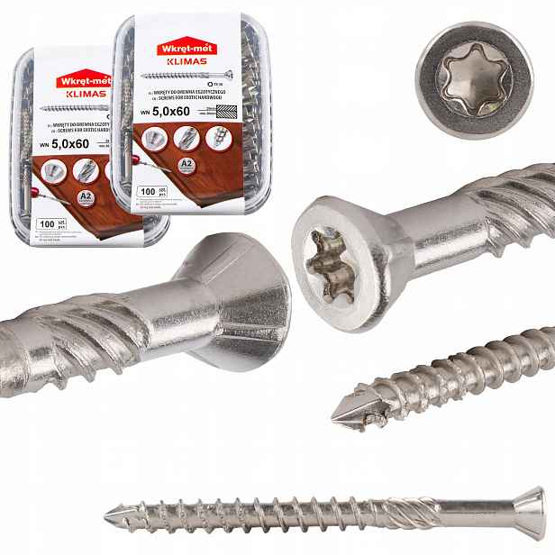 Nerezové vruty do dřeva 5x60 mm 200 ks terasové Torx A2 Klimas Wn