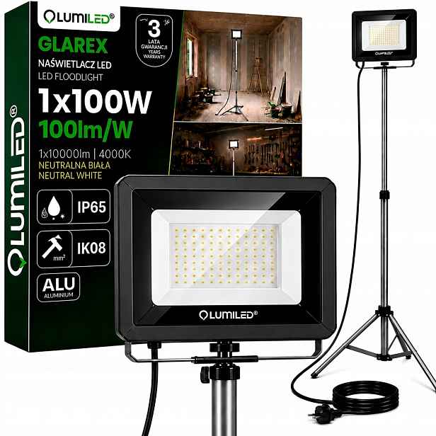 Osvětlovač 100W Stojan Stativová pracovní lampa Halogen Stavební s zástrčkou