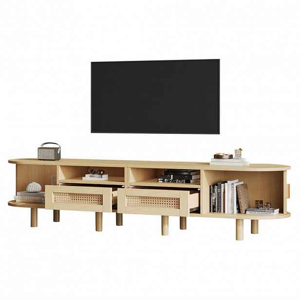 Modfu TV stolek z MDF 170x40x40 cm světlý dub se 2 zásuvkami, 2 posuvnými dvířky a ratanovým dekorem