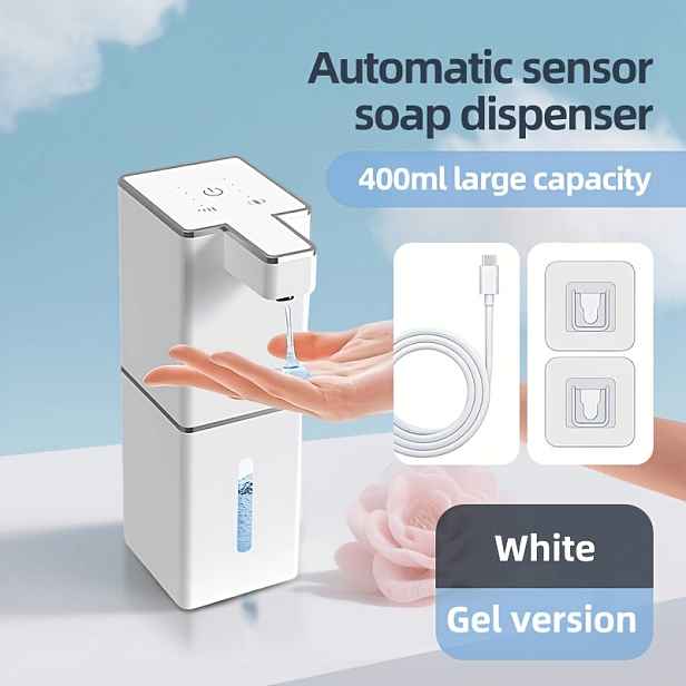 TEMU Automatický dávkovač mýdla/saponátu s senzorem - objem 400 ml, USB dobíjecí, bezkontaktní ovládání s nastavitelnou hlasitostí - montáž na stěnu