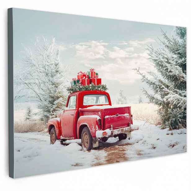 MuchoWow OBRAZ NA PLÁTNĚ Auto - Červená - Dárky - Zima - Sníh - Vánoce 30x20 cm