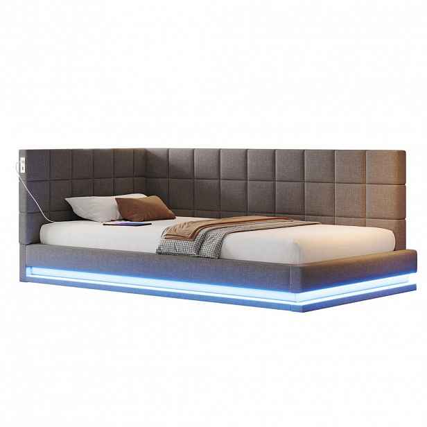 OKWISH ČALOUNĚNÁ postel 90/200 cm šedá z lnu s LED osvětlením, USB a roštem