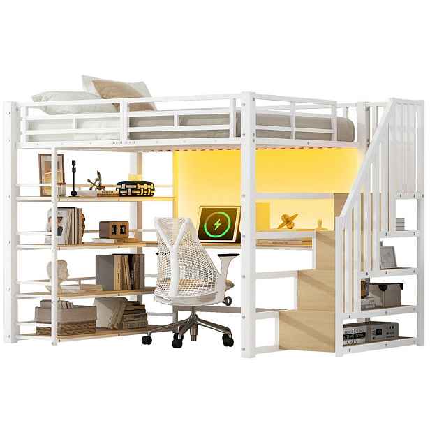 OKWISH PATROVÁ postel 140/200 cm bílá z kovu a MDF s psacím stolem, schody a LED diodou