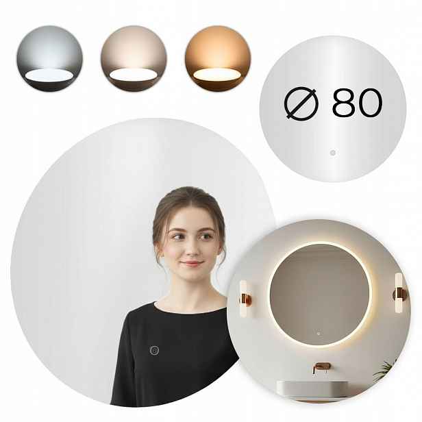 Zrcadlo koupelnové Led kulaté nástěnné 80 cm 3 barvy dotykový vypínač Moder
