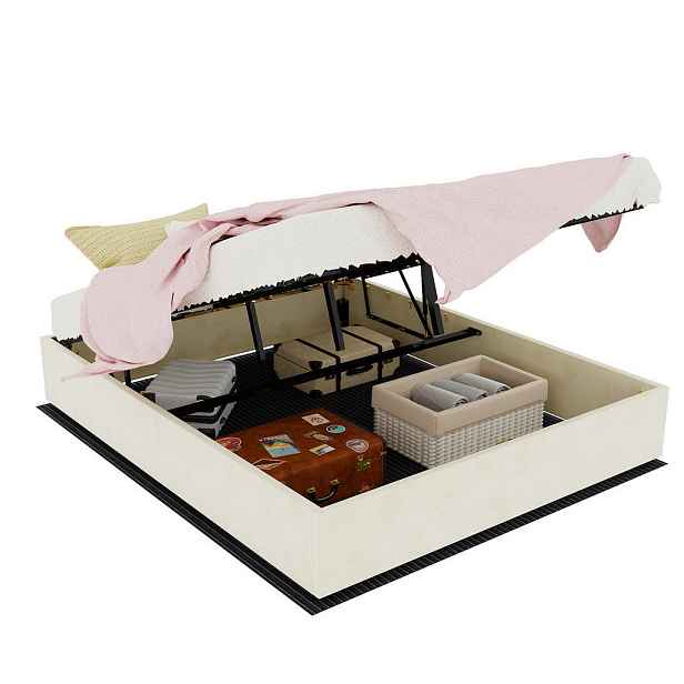 OKWISH POSTEL 160/200 cm béžová z látky a kovu s úložným prostorem