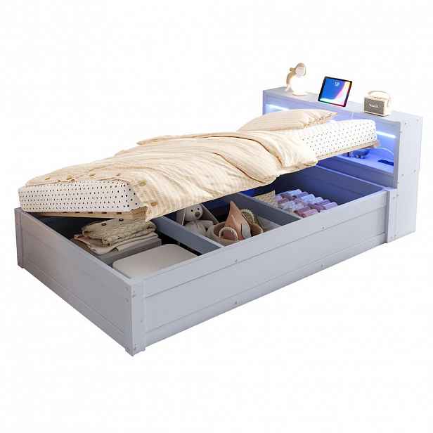 CHICFURN POSTEL 90/200 cm v šedé barvě s úložným prostorem, LED osvětlením a zásuvkou