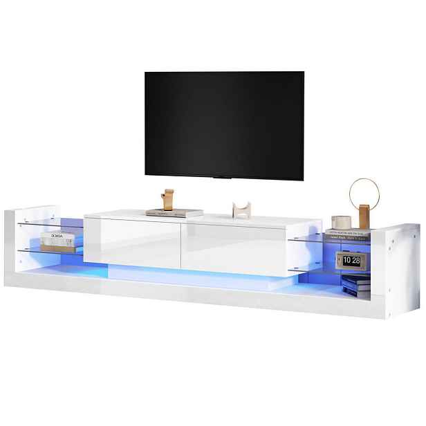 Redom TV stolek 181/38/38 cm s LED osvětlením, skleněnou čelní částí a dvěma výklopnými zásuvkami, Bílá