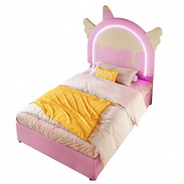 OKWISH ČALOUNĚNÁ postel 90/200 cm růžová z PU s LED osvětlením, 2 zásuvkami a tvarem jednorožce