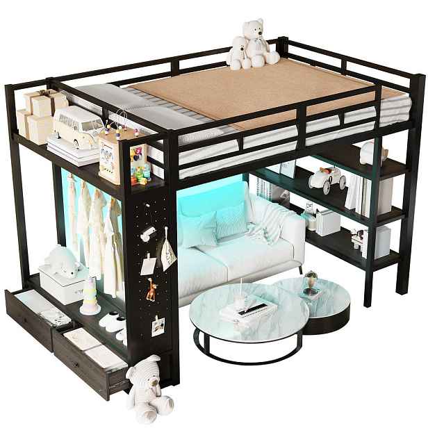 OKWISH PATROVÁ postel 140/200 cm černá z kovu/MDF se šatní skříní a LED diodou