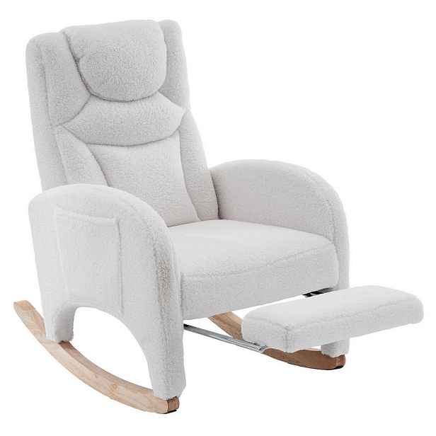 OKWISH HOUPACÍ křeslo 66/125/101 cm bílé z imitace beránčí kůže s podnožkou a opěrkou hlavy