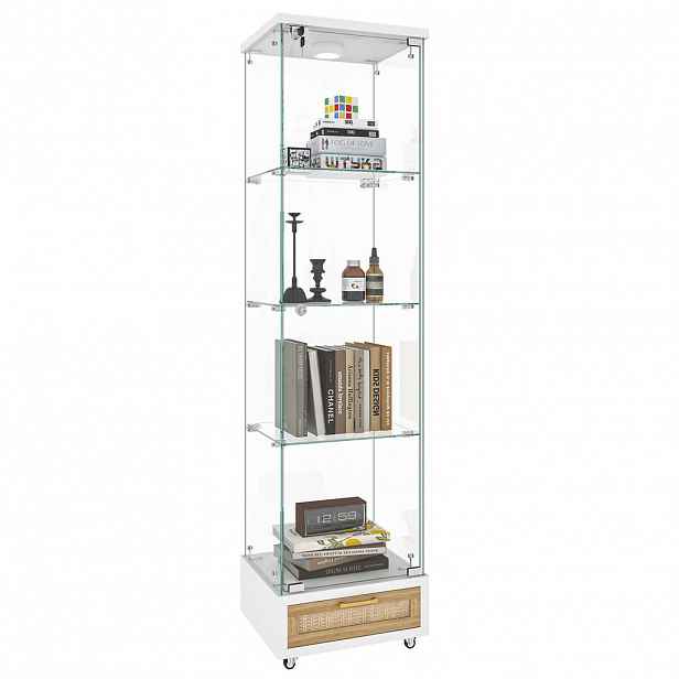 OKWISH VITRÍNA 36,5/42,5/167 cm bílá z MDF a skla s LED osvětlením, zásuvkami a kolečky