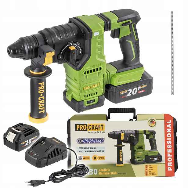 Procraft Akumulátorová vrtačka Sds+ 20V 2x4,0Ah 2,8J 3v1 PHA30