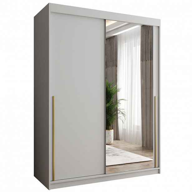Home Collective SKŘÍŇ S POSUVNÝMI DVEŘMI se zrcadlem, šířka 150 cm, bílá se zlatým úchytem