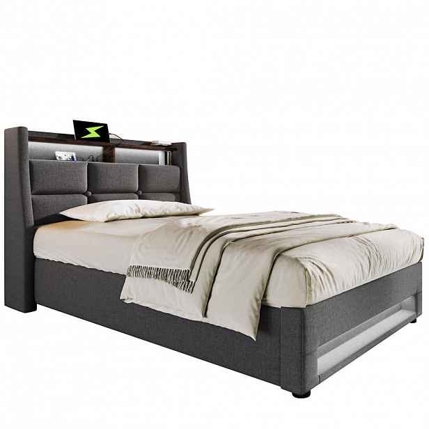 OKWISH ČALOUNĚNÁ postel 90/200 cm šedá z lněné tkaniny s LED, USB a úložným prostorem