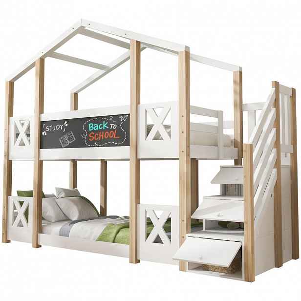 CHICFURN PATROVÁ POSTEL 90/200 cm v bílé a přírodní barvě s úložným schodištěm