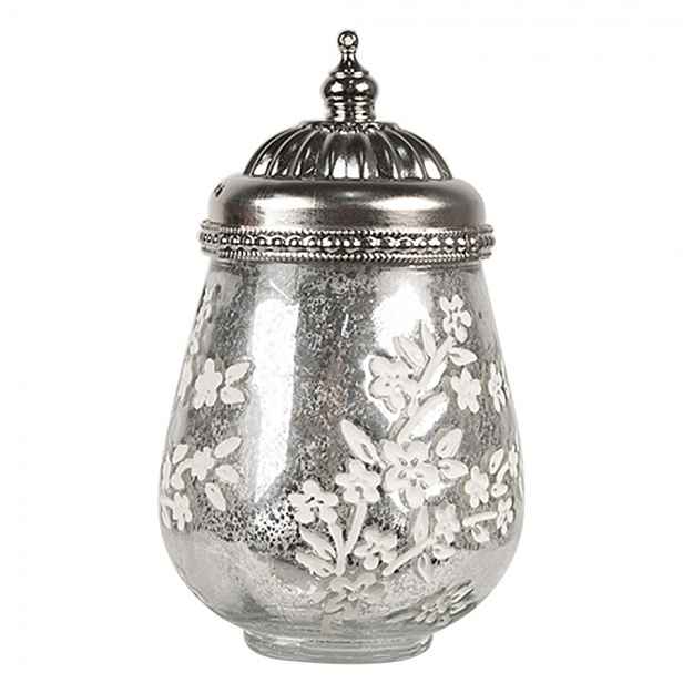 Stříbrná skleněná svítící LED lucerna s kvítky Balli - Ø 9*15 cm  Clayre & Eef