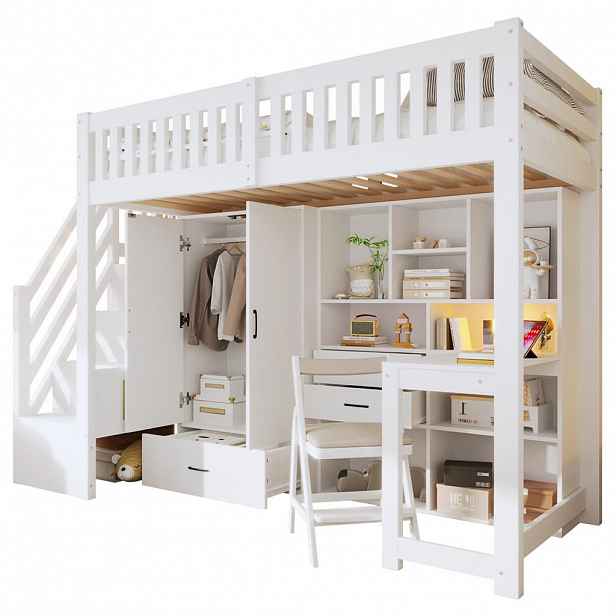 STILVORA HOCHBETT 90/200 cm in Weiß mit Ablageleiter, Kleiderschrank, Schreibtisch und Schubladen
