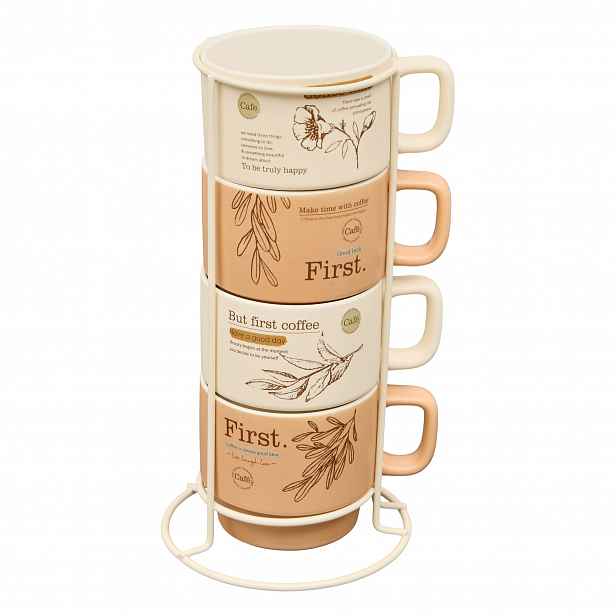 Sada 4 Porcelánových Hrnků 220 ML Na Stojanu O Rozměrech 12 2 X 12 2 X 24 CM