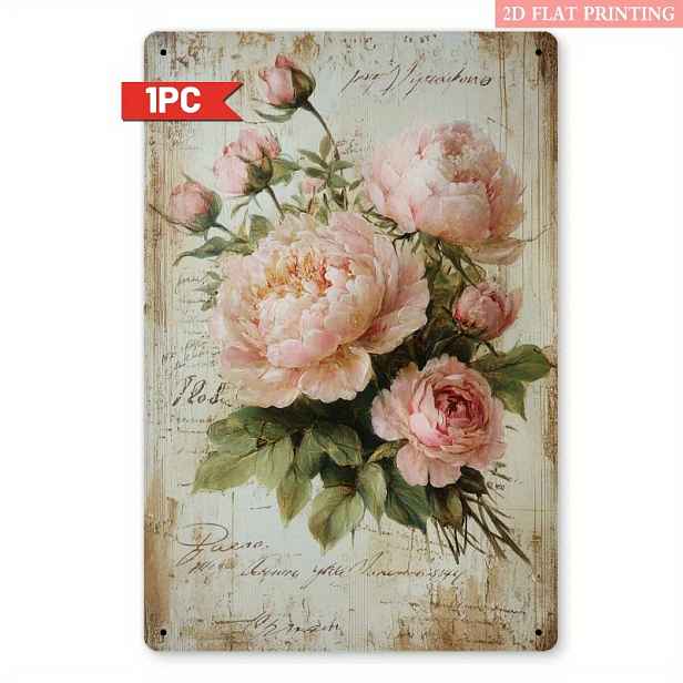 TEMU 2D Plochý, 1ks Vintage Kovová Nástěnná Dekorace s Květinovým - Romantický Pivoňkami a Růžemi, 20,32x30,48cm Železné Umění pro Ložnici, Obývací