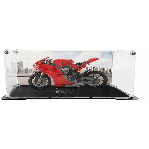 Vitrína s černou základnou a pozadím pro sadu Lego 42202 Motocykl Ducati