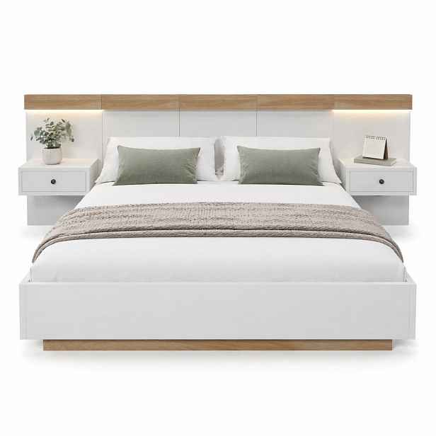 STILVORA POSTELOVÁ SESTAVA 140 × 200 cm, bílá a dub Sonoma, 2 noční stolky, LED, USB a Type-C, plovoucí design