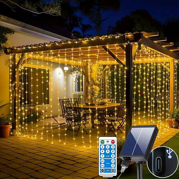 TEMU Solární závěsné světla vnitřní venkovní 600 LED vodopádová pohádková světelná řetěz s 8 režimy dálkové ovládání Type C nabíjení nastavení jasu