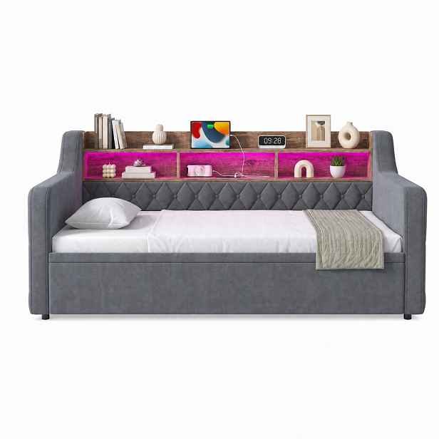 CHICFURN ROZKLÁDACÍ POHOVKA 90/190 cm v tmavě šedé barvě se sametem, LED, USB a Type-C