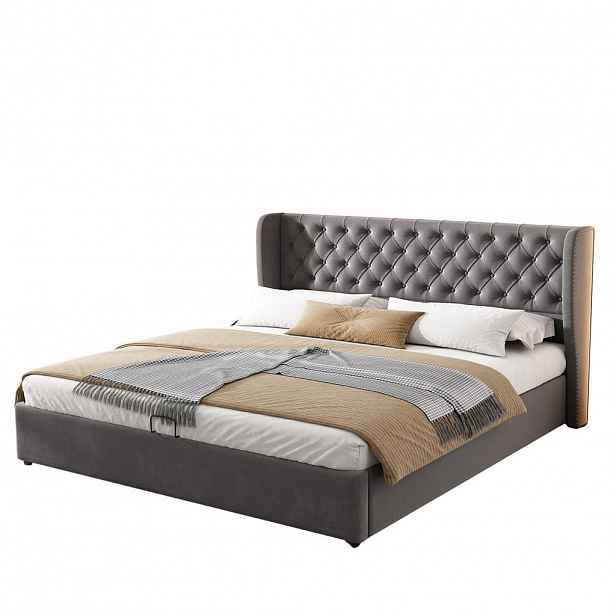 OKWISH ČALOUNĚNÁ postel 180/200 cm šedá ze sametu s úložným prostorem a roštem