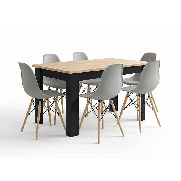 Jídelní stůl 120x80 cm, dekor dub sonoma s černými nohami 6 šedých skandinávských židlí
