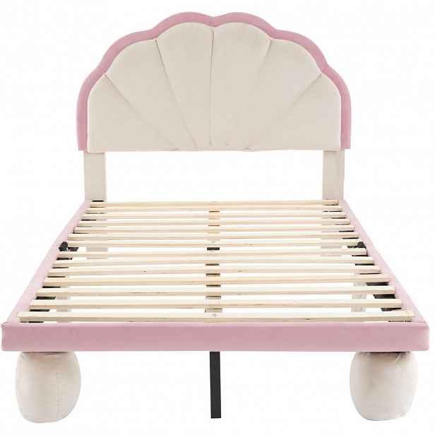 OKWISH ČALOUNĚNÁ postel 90/200 cm béžová a růžová ze sametu s LED osvětlením