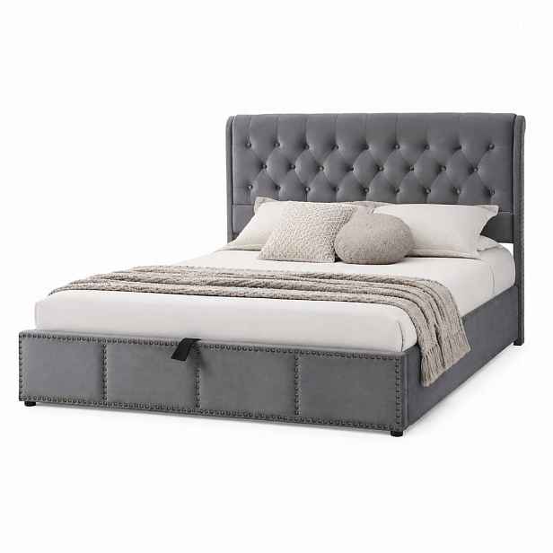 CHICFURN ČALOUNĚNÁ POSTEL 140/200 cm v šedé barvě se sametovým potahem a úložným prostorem