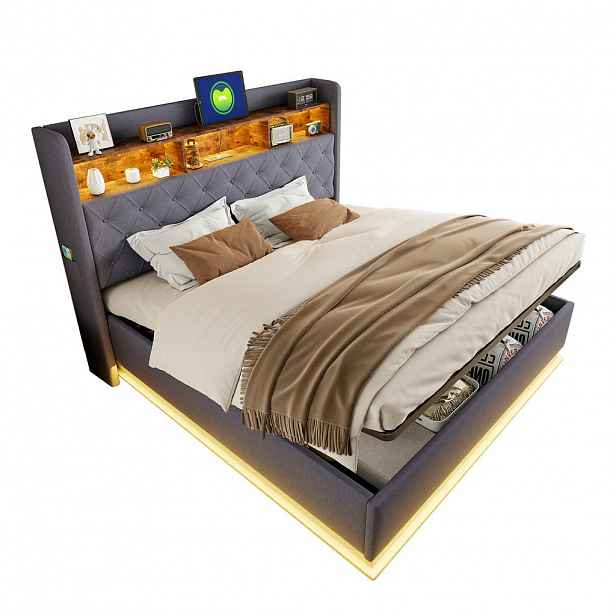 CHICFURN ČALOUNĚNÁ POSTEL 180/200 cm v šedé lněné látce s úložným prostorem, LED a USB