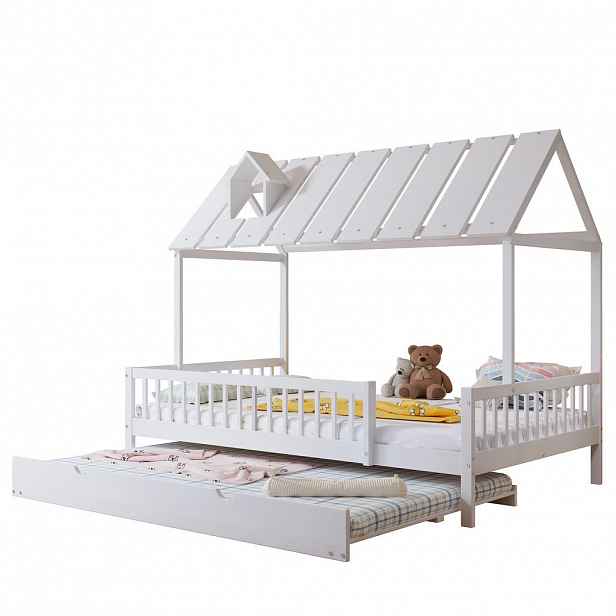 CHICFURN DOMEČKOVÁ POSTEL 120/200 cm & 120/190 cm v bílé barvě s výsuvným lůžkem