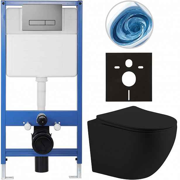 Kompletní WC set Profi/Cesso - černá matná - WC tlačítko Slim/Tmavě šedá - předstěnová instalace - 49x36 cm - 942021