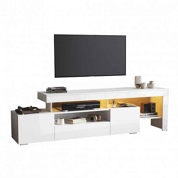 Modfu TV stolek z dřevotřísky 192x37x53 cm bílý s LED osvětlením, vysokým leskem a 3 výklopnými dvířky