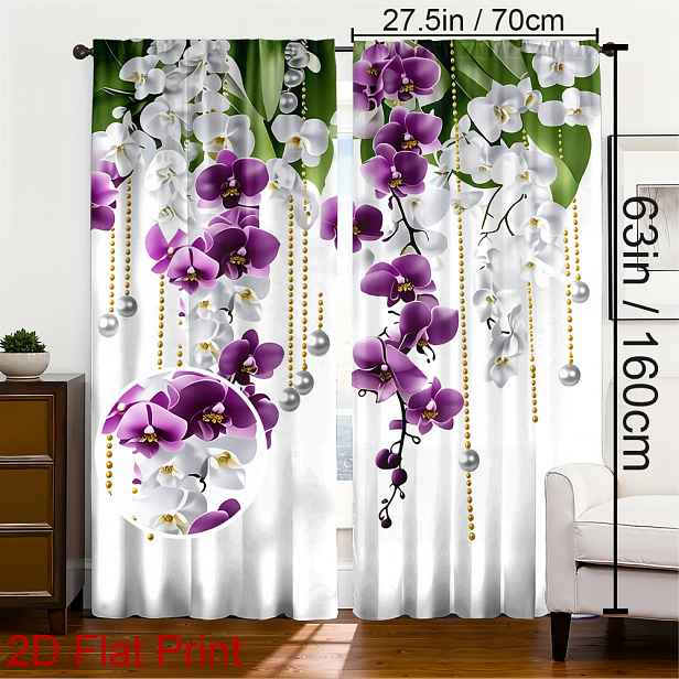 TEMU 1ks/2ks Sada Jarní Digitální Tisk Polyesterové Záclony Fialové a Bílé Orchideje Ozdobené Korálkovými Řetízky. Zatemňovací Záclonové Panely do