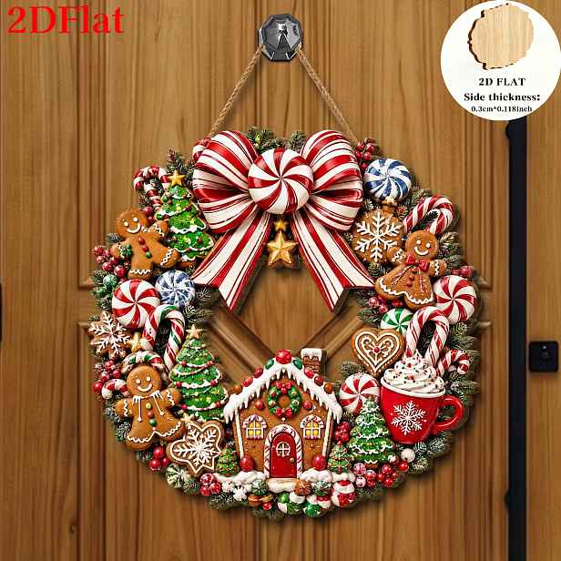 TEMU 2D plochý 1ks venkovský věnec z gingerbreadu s květinami, dřevěná štítková ozdoba - závěsná dekorace s klasickým vánočním věncem jako hlavní