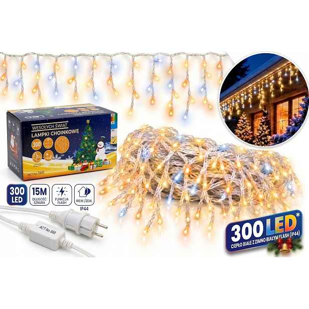 Vánoční Osvětlení Rampouchy Venkovní 300 Led 15 M Bílý Teplý Flash Kombinovaný