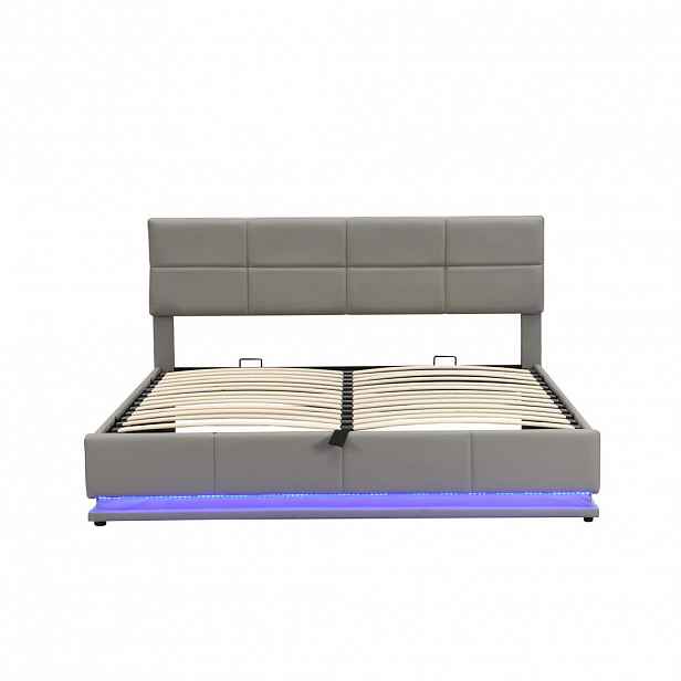 OKWISH ČALOUNĚNÁ postel 180/200 cm cementově šedá z PU kůže s LED osvětlením a úložným prostorem