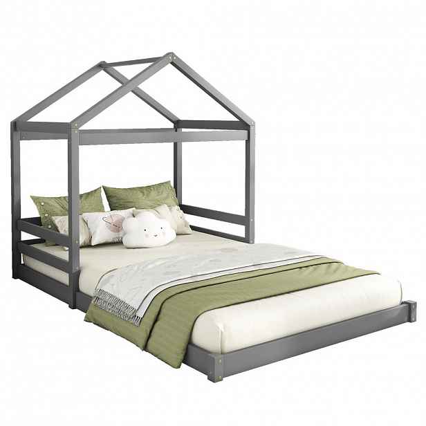 OKWISH DĚTSKÁ postel 140/200 cm šedá z borovice ve tvaru domečku s lamelovým roštem
