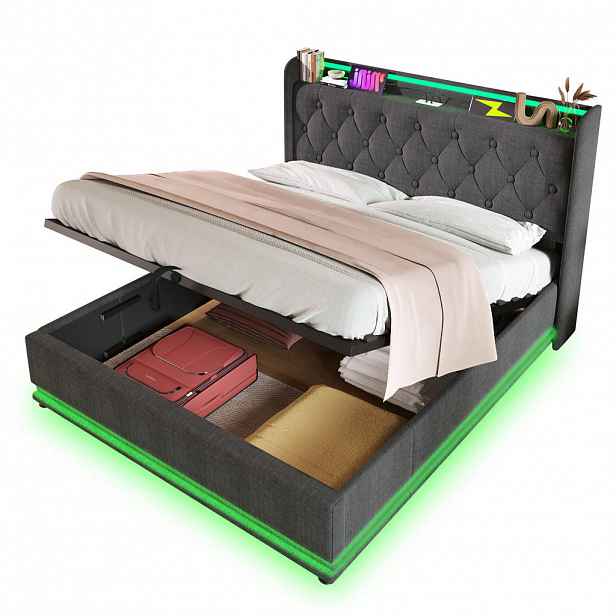 CHICFURN ČALOUNĚNÁ POSTEL 140/200 cm v šedé barvě s úložným prostorem, LED a USB-C