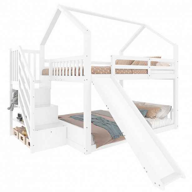 OKWISH PATROVÁ postel 140/200 cm bílá s úložným prostorem a schůdky a skluzavkou